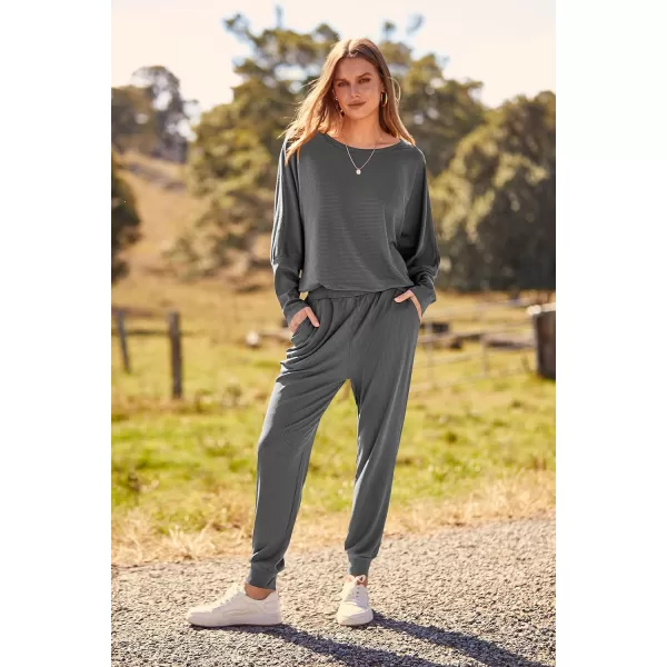 imagePRETTYGARDEN Womens Fashion Outfits 2 Piece Sweatsuit Solid Color Long Sleeve Pullover Long PantsDark Grey