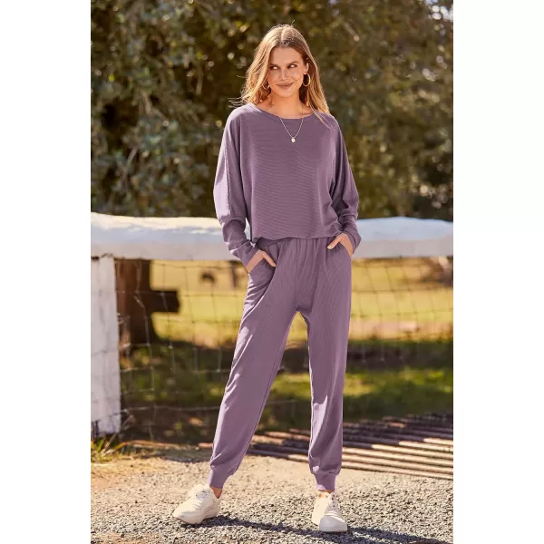 imagePRETTYGARDEN Womens Fashion Outfits 2 Piece Sweatsuit Solid Color Long Sleeve Pullover Long PantsDeep Purple