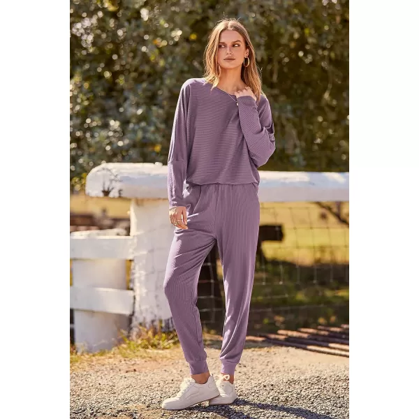 imagePRETTYGARDEN Womens Fashion Outfits 2 Piece Sweatsuit Solid Color Long Sleeve Pullover Long PantsDeep Purple