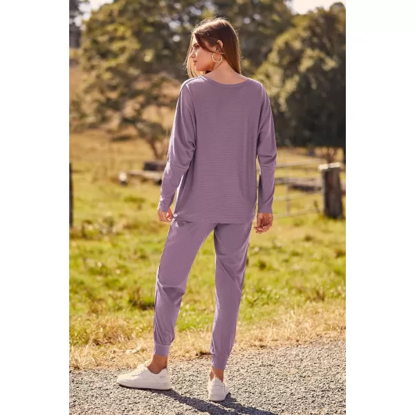 imagePRETTYGARDEN Womens Fashion Outfits 2 Piece Sweatsuit Solid Color Long Sleeve Pullover Long PantsDeep Purple