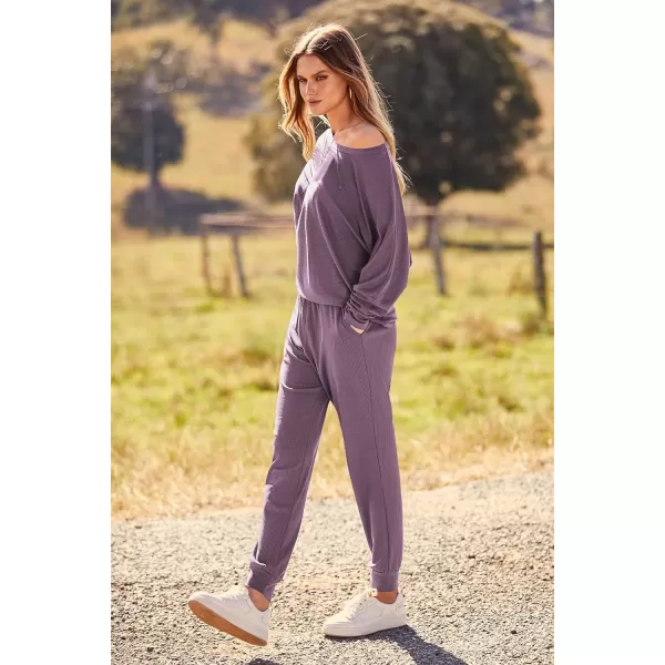 imagePRETTYGARDEN Womens Fashion Outfits 2 Piece Sweatsuit Solid Color Long Sleeve Pullover Long PantsDeep Purple