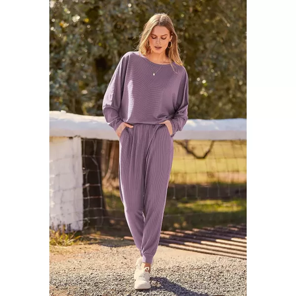 imagePRETTYGARDEN Womens Fashion Outfits 2 Piece Sweatsuit Solid Color Long Sleeve Pullover Long PantsDeep Purple