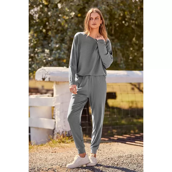 imagePRETTYGARDEN Womens Fashion Outfits 2 Piece Sweatsuit Solid Color Long Sleeve Pullover Long PantsGrey