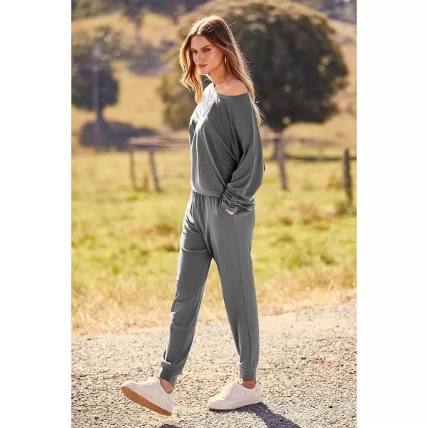 imagePRETTYGARDEN Womens Fashion Outfits 2 Piece Sweatsuit Solid Color Long Sleeve Pullover Long PantsGrey