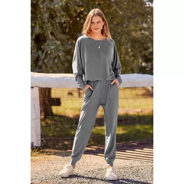 imagePRETTYGARDEN Womens Fashion Outfits 2 Piece Sweatsuit Solid Color Long Sleeve Pullover Long PantsGrey