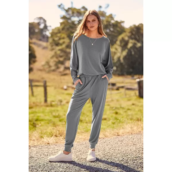 imagePRETTYGARDEN Womens Fashion Outfits 2 Piece Sweatsuit Solid Color Long Sleeve Pullover Long PantsGrey