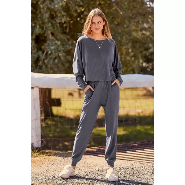 imagePRETTYGARDEN Womens Fashion Outfits 2 Piece Sweatsuit Solid Color Long Sleeve Pullover Long PantsGrey Blue