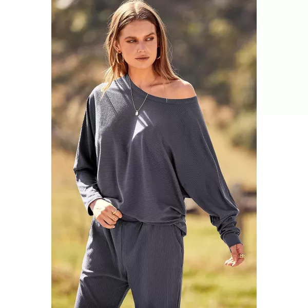 imagePRETTYGARDEN Womens Fashion Outfits 2 Piece Sweatsuit Solid Color Long Sleeve Pullover Long PantsGrey Blue