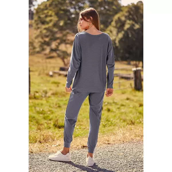 imagePRETTYGARDEN Womens Fashion Outfits 2 Piece Sweatsuit Solid Color Long Sleeve Pullover Long PantsGrey Blue
