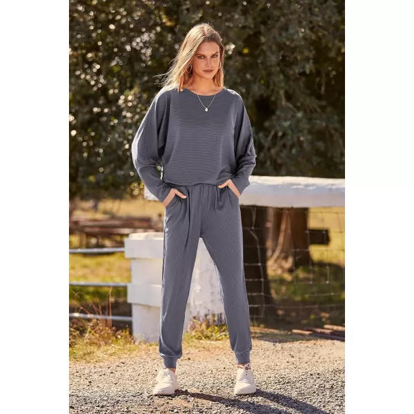 imagePRETTYGARDEN Womens Fashion Outfits 2 Piece Sweatsuit Solid Color Long Sleeve Pullover Long PantsGrey Blue