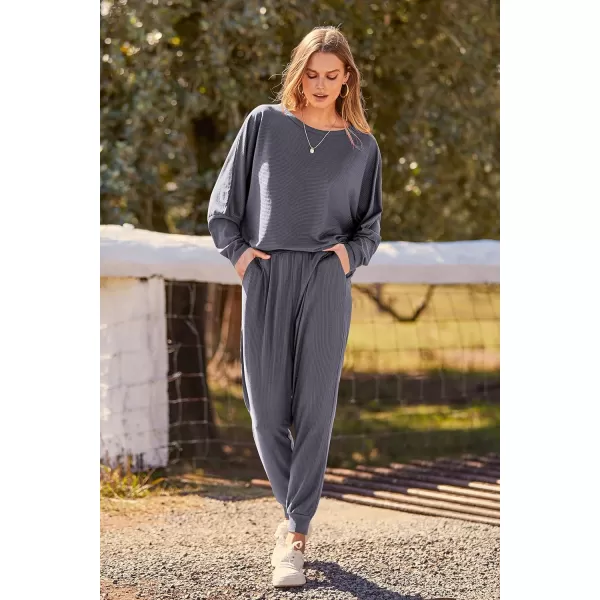 imagePRETTYGARDEN Womens Fashion Outfits 2 Piece Sweatsuit Solid Color Long Sleeve Pullover Long PantsGrey Blue