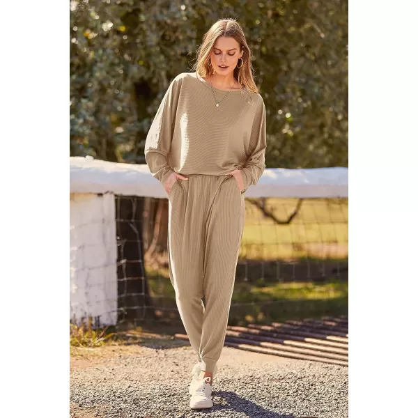 imagePRETTYGARDEN Womens Fashion Outfits 2 Piece Sweatsuit Solid Color Long Sleeve Pullover Long PantsKhaki