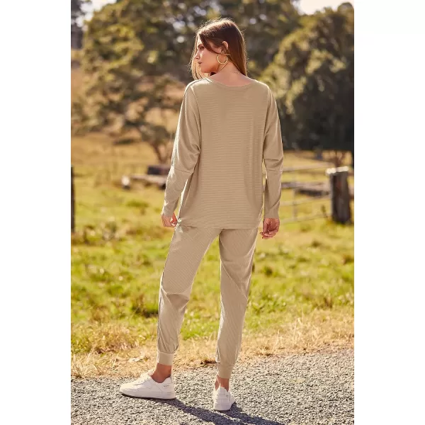imagePRETTYGARDEN Womens Fashion Outfits 2 Piece Sweatsuit Solid Color Long Sleeve Pullover Long PantsKhaki