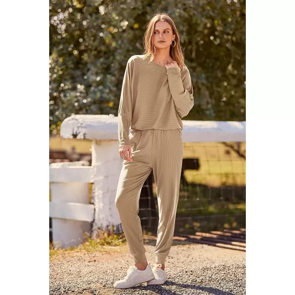 imagePRETTYGARDEN Womens Fashion Outfits 2 Piece Sweatsuit Solid Color Long Sleeve Pullover Long PantsKhaki