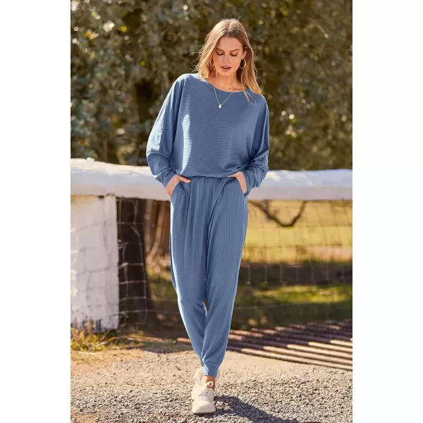 imagePRETTYGARDEN Womens Fashion Outfits 2 Piece Sweatsuit Solid Color Long Sleeve Pullover Long PantsLight Blue