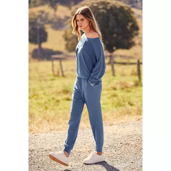imagePRETTYGARDEN Womens Fashion Outfits 2 Piece Sweatsuit Solid Color Long Sleeve Pullover Long PantsLight Blue