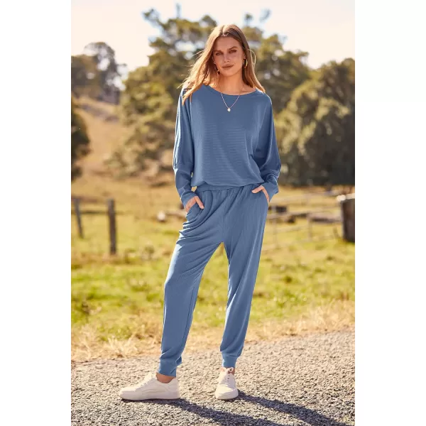 imagePRETTYGARDEN Womens Fashion Outfits 2 Piece Sweatsuit Solid Color Long Sleeve Pullover Long PantsLight Blue