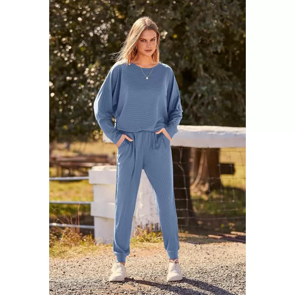 imagePRETTYGARDEN Womens Fashion Outfits 2 Piece Sweatsuit Solid Color Long Sleeve Pullover Long PantsLight Blue