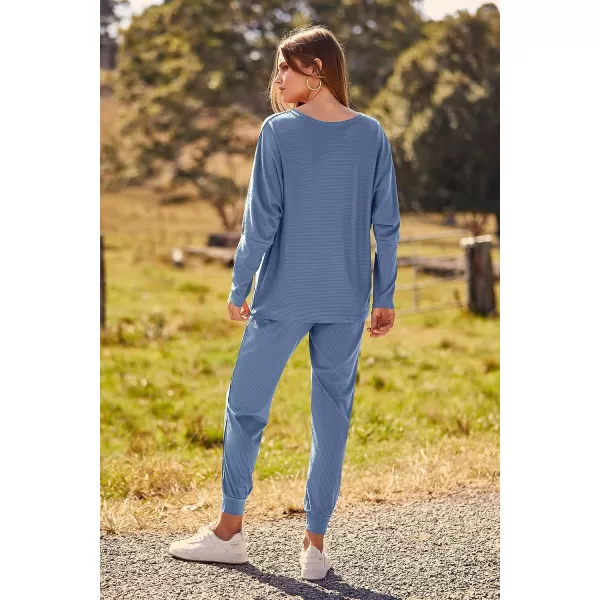 imagePRETTYGARDEN Womens Fashion Outfits 2 Piece Sweatsuit Solid Color Long Sleeve Pullover Long PantsLight Blue