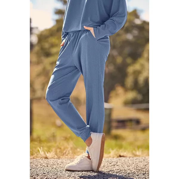 imagePRETTYGARDEN Womens Fashion Outfits 2 Piece Sweatsuit Solid Color Long Sleeve Pullover Long PantsLight Blue