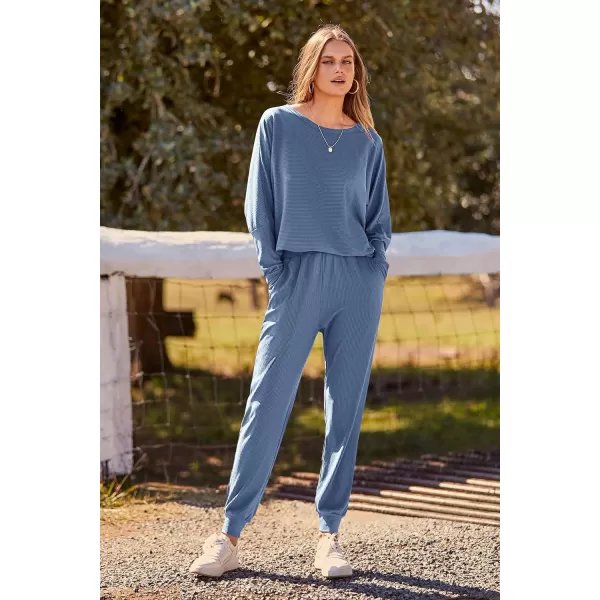 imagePRETTYGARDEN Womens Fashion Outfits 2 Piece Sweatsuit Solid Color Long Sleeve Pullover Long PantsLight Blue