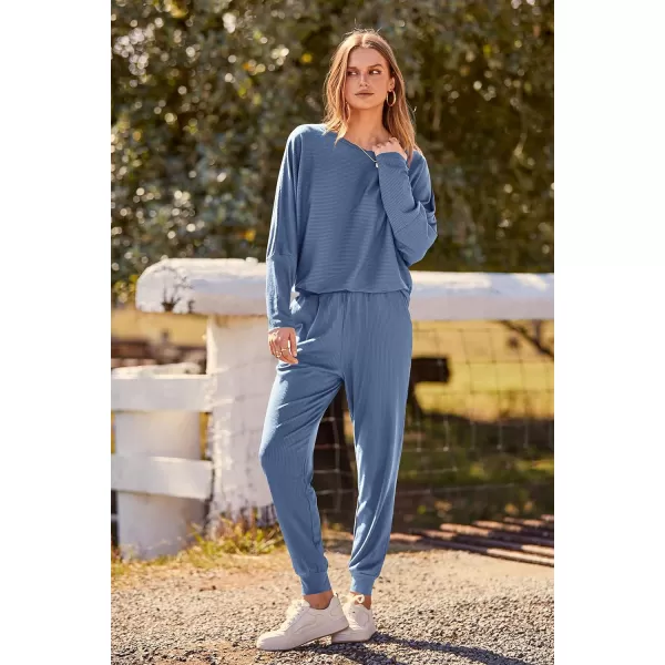 imagePRETTYGARDEN Womens Fashion Outfits 2 Piece Sweatsuit Solid Color Long Sleeve Pullover Long PantsLight Blue