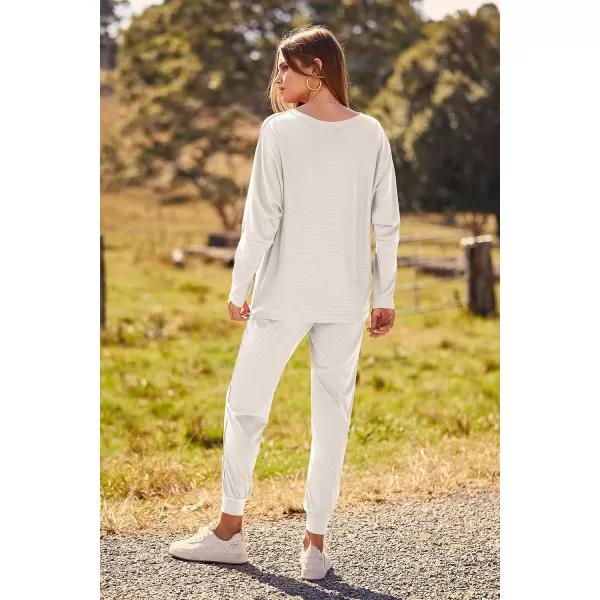 imagePRETTYGARDEN Womens Fashion Outfits 2 Piece Sweatsuit Solid Color Long Sleeve Pullover Long PantsOffwhite