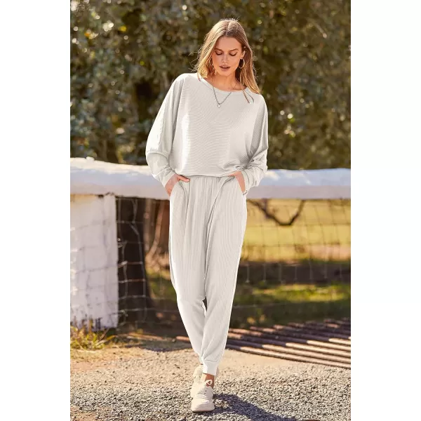 imagePRETTYGARDEN Womens Fashion Outfits 2 Piece Sweatsuit Solid Color Long Sleeve Pullover Long PantsOffwhite