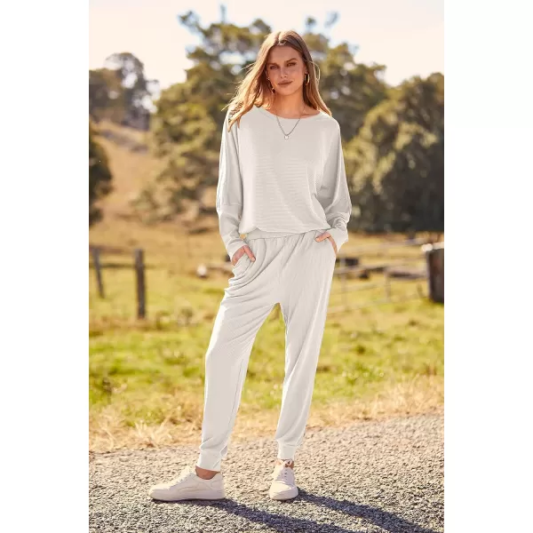 imagePRETTYGARDEN Womens Fashion Outfits 2 Piece Sweatsuit Solid Color Long Sleeve Pullover Long PantsOffwhite