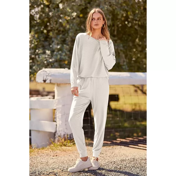 imagePRETTYGARDEN Womens Fashion Outfits 2 Piece Sweatsuit Solid Color Long Sleeve Pullover Long PantsOffwhite