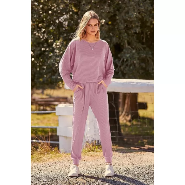 imagePRETTYGARDEN Womens Fashion Outfits 2 Piece Sweatsuit Solid Color Long Sleeve Pullover Long PantsPink
