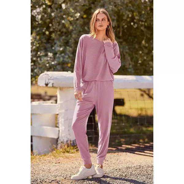 imagePRETTYGARDEN Womens Fashion Outfits 2 Piece Sweatsuit Solid Color Long Sleeve Pullover Long PantsPink