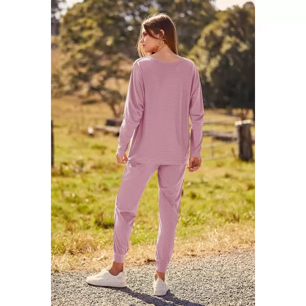 imagePRETTYGARDEN Womens Fashion Outfits 2 Piece Sweatsuit Solid Color Long Sleeve Pullover Long PantsPink