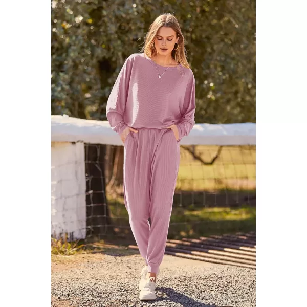 imagePRETTYGARDEN Womens Fashion Outfits 2 Piece Sweatsuit Solid Color Long Sleeve Pullover Long PantsPink