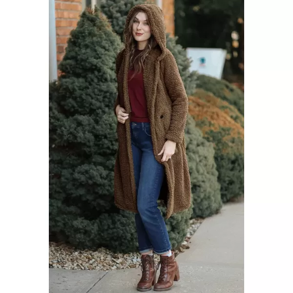 imagePRETTYGARDEN Womens Fashion Winter Coats Fuzzy Fleece Long Hooded Jackets Button Down Faux Fur Warm OuterwearKhaki