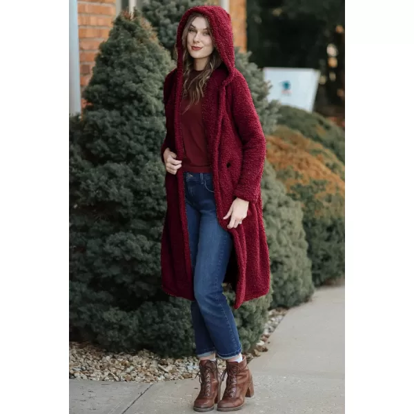 imagePRETTYGARDEN Womens Fashion Winter Coats Fuzzy Fleece Long Hooded Jackets Button Down Faux Fur Warm OuterwearWine Red