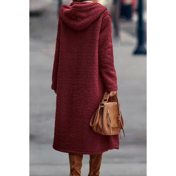 imagePRETTYGARDEN Womens Fashion Winter Coats Fuzzy Fleece Long Hooded Jackets Button Down Faux Fur Warm OuterwearWine Red