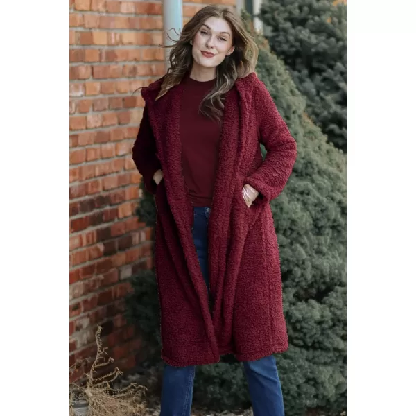 imagePRETTYGARDEN Womens Fashion Winter Coats Fuzzy Fleece Long Hooded Jackets Button Down Faux Fur Warm OuterwearWine Red