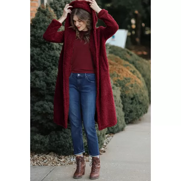 imagePRETTYGARDEN Womens Fashion Winter Coats Fuzzy Fleece Long Hooded Jackets Button Down Faux Fur Warm OuterwearWine Red