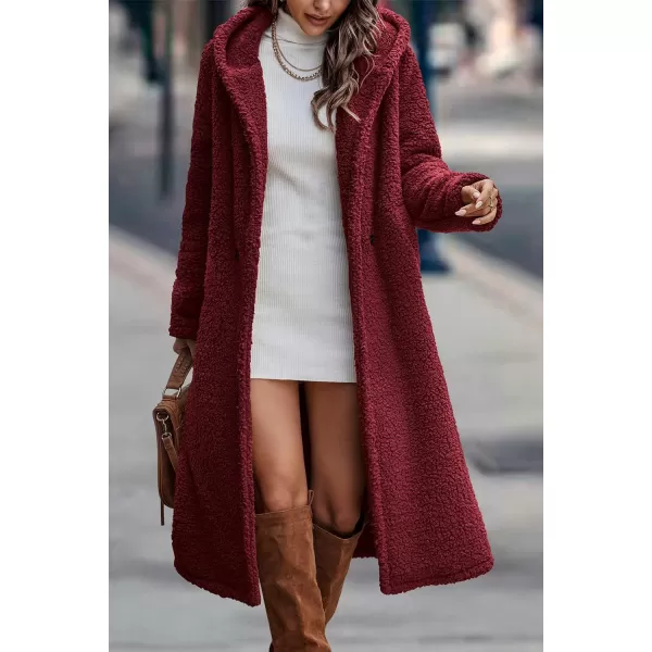 imagePRETTYGARDEN Womens Fashion Winter Coats Fuzzy Fleece Long Hooded Jackets Button Down Faux Fur Warm OuterwearWine Red