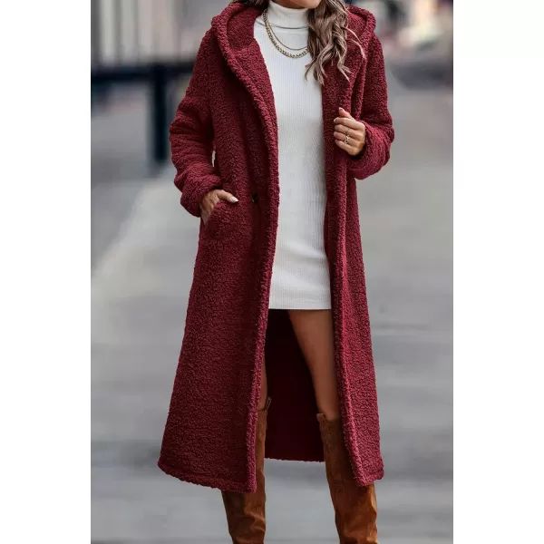 imagePRETTYGARDEN Womens Fashion Winter Coats Fuzzy Fleece Long Hooded Jackets Button Down Faux Fur Warm OuterwearWine Red