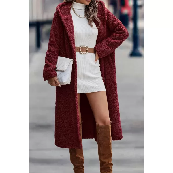 imagePRETTYGARDEN Womens Fashion Winter Coats Fuzzy Fleece Long Hooded Jackets Button Down Faux Fur Warm OuterwearWine Red