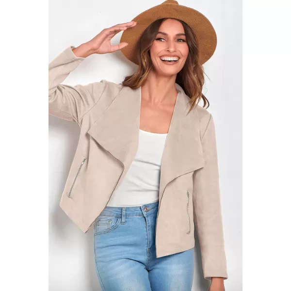 imagePRETTYGARDEN Womens Faux Suede Jackets 2023 Fall Clothes Long Sleeve Open Front Cropped Coat OutwearBeige Apricot