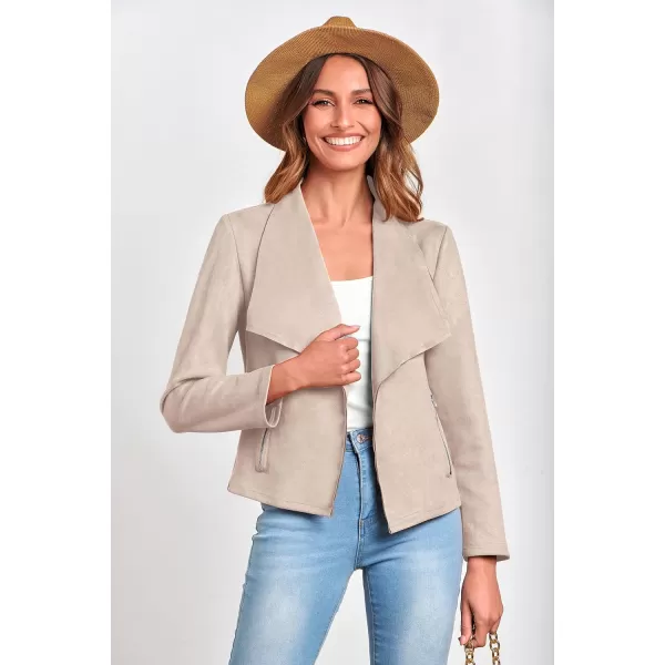 imagePRETTYGARDEN Womens Faux Suede Jackets 2023 Fall Clothes Long Sleeve Open Front Cropped Coat OutwearBeige Apricot