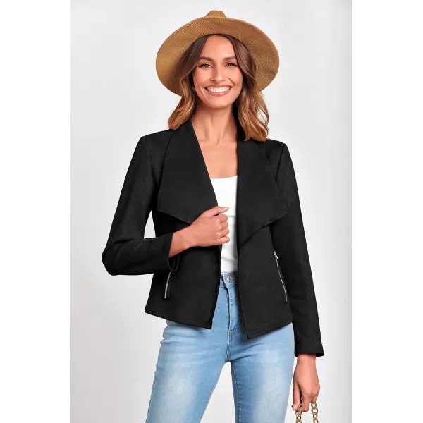 imagePRETTYGARDEN Womens Faux Suede Jackets 2023 Fall Clothes Long Sleeve Open Front Cropped Coat OutwearBlack