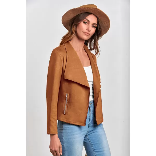 imagePRETTYGARDEN Womens Faux Suede Jackets 2023 Fall Clothes Long Sleeve Open Front Cropped Coat OutwearBrown