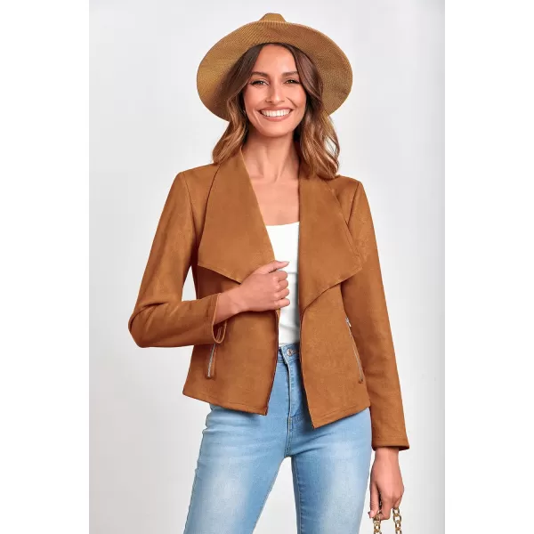 imagePRETTYGARDEN Womens Faux Suede Jackets 2023 Fall Clothes Long Sleeve Open Front Cropped Coat OutwearBrown