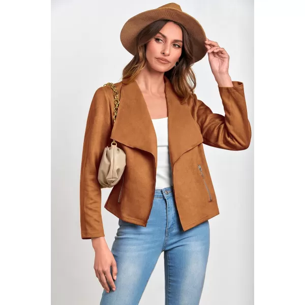 imagePRETTYGARDEN Womens Faux Suede Jackets 2023 Fall Clothes Long Sleeve Open Front Cropped Coat OutwearBrown