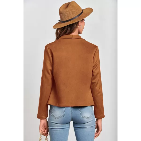 imagePRETTYGARDEN Womens Faux Suede Jackets 2023 Fall Clothes Long Sleeve Open Front Cropped Coat OutwearBrown