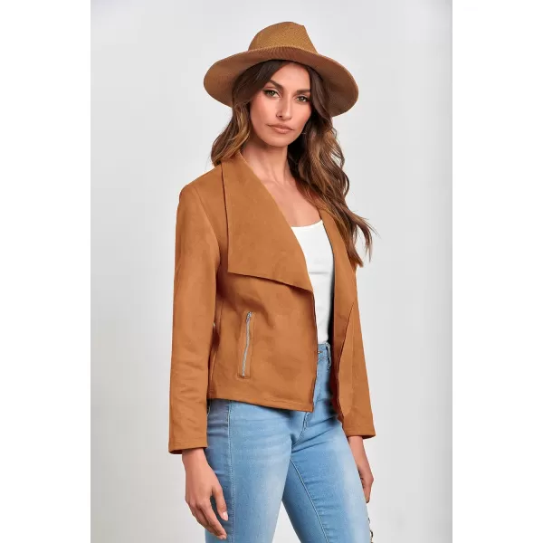 imagePRETTYGARDEN Womens Faux Suede Jackets 2023 Fall Clothes Long Sleeve Open Front Cropped Coat OutwearBrown